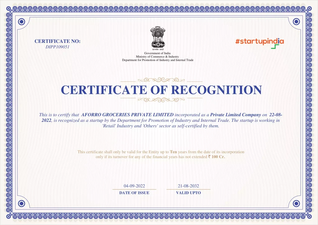 Startup India Certificate Aforro